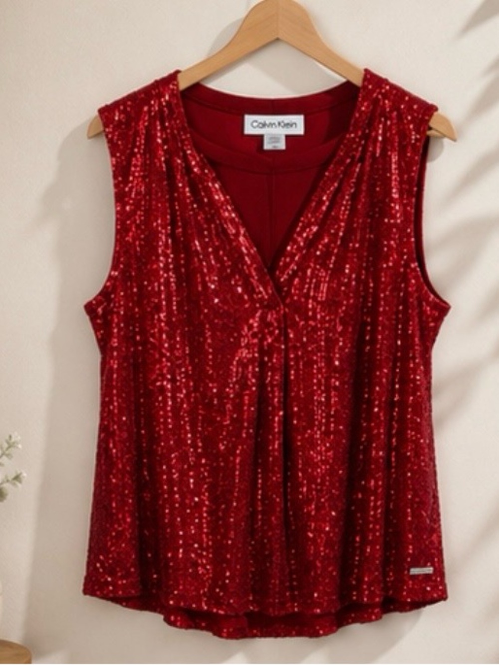 Calvin Klein Red Sequin Sleeveless Top Size L Holiday Party